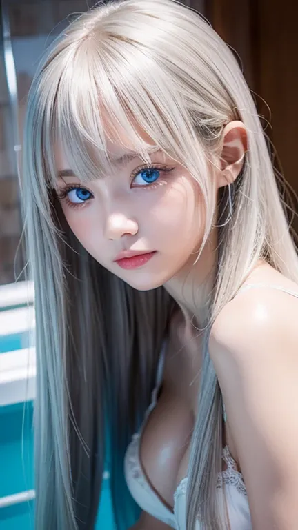  1 baby-faced girl, very super long hair ,  high res, Extremely bright blue eyes, Very big bright iris eyes、Platinum Blonde, bangs, 目の間のbangs, very beautiful very long hair ,  people in the hot water room 、Hair in the eyes, round face、Small Face Beauty、 bi...