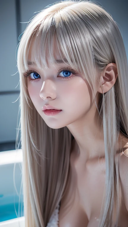  1 baby-faced girl, very super long hair ,  high res, Extremely bright blue eyes, Very big bright iris eyes、Platinum Blonde, bangs, 目の間のbangs, very beautiful very long hair ,  people in the hot water room 、Hair in the eyes, round face、Small Face Beauty、 bi...