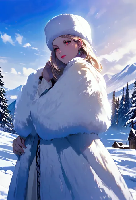  Beautiful Russian woman with fur hat and fur coat, standing outdoors in a beautiful winter landscape 