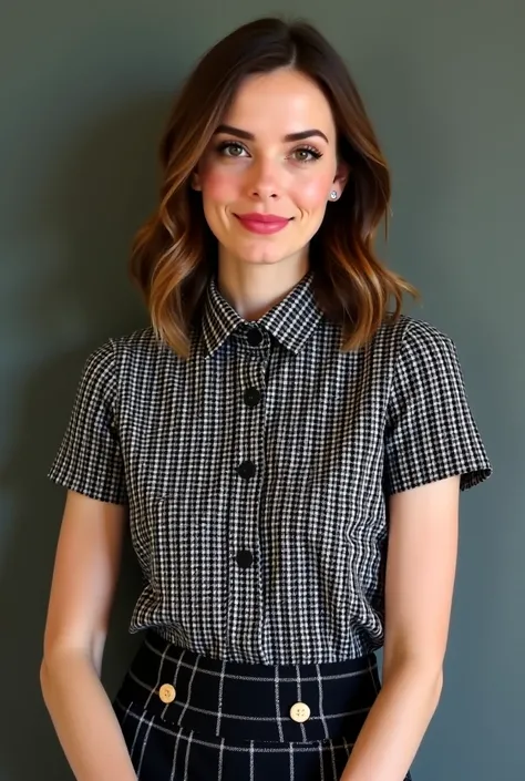 A model is wearing a tweed blouse top .  It is short sleeved and has a check pattern in black