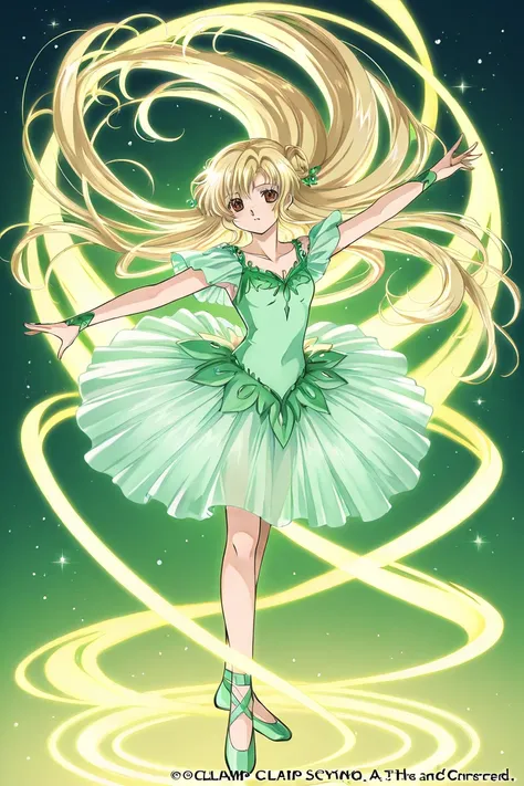 A girl that is a ballerina. She has long straight light blonde hair with shiny brown eyes holding green ballet slippers. There is magic flowing and stars surrounding her. She is brave and smiling. Clamp Tsubasa chronicles art style. 