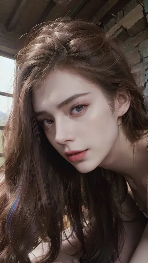  kvinner , alone,Age 20,Pale skin,Long hair, perfect figure , small waist , big breasts, French half-face ,Giant nipples,Naked,Brutal ,Penis exposure costs the penis,Rainbow Hair, Hair clip, Demon Mountain, Gem on the forehead, Multicolored eyes, Licking l...