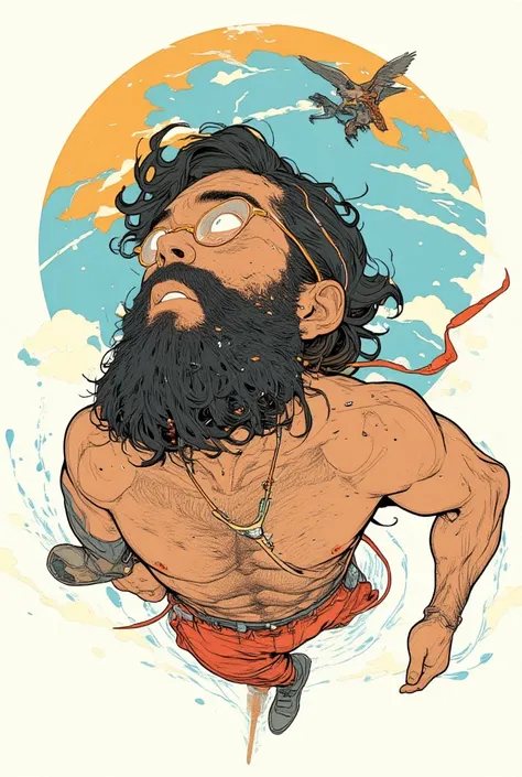 
A man with glasses,  watercolor moon in the background , man in red swimsuit ,  a sturdy man with a striking black beard , shirtless, hairy chest, flying . poster art, Screen printing,  comic book style from Marvel and DC , Graphic details, Promotional Ar...