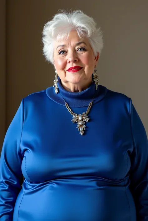 White American fat girl , full,  Beautiful, mature, 60 years old+  is a modern elegant aged fat woman with long earrings with blue eyelashes and red lipstick  , in a loose blue knitted turtleneck and a shiny fitted dress that hides her big limp chest and p...