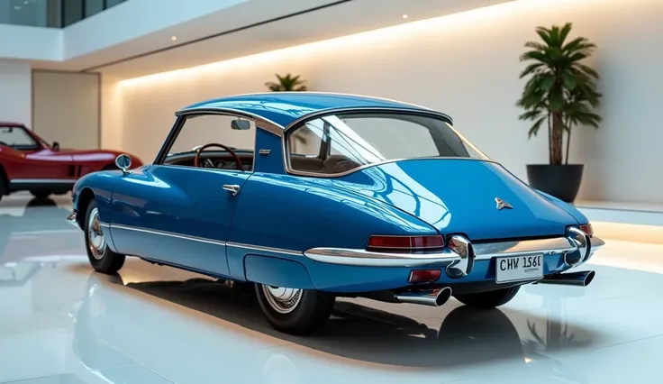 Full back 1969 Citroen DS21 Coupe in blue color in showroom 