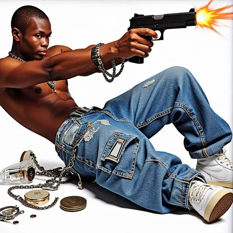 A sexy African American male model in an Abercrombie and Fitch catalogue. He is shirtless, sweaty, his sinewy torso is on full display; wears designer low-rise boot cut jeans that sags or hangs below the waist and white Nike high tops. Has a buzzcut hairst...