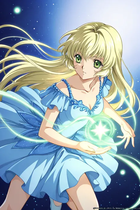 A girl that is a ballerina. She has long straight light blonde hair with shiny green eyes with blue dress.  There is magic flowing and stars surrounding her. She is brave and smiling. Clamp Tsubasa chronicles art style. 