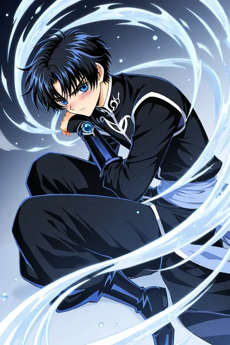 Tall 23 year-old one boy with Black hair, light cold blue eyes, bad tempered but blushing, wearing black clothes. The boy is serious. Full body. CLAMP Tsubasa Chronicles drawing style. Look alike Syaoran. 