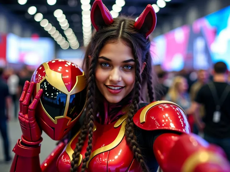 **((SELFIE IN SECOND PERSON))** " Tanned skinned brunette woman ,  curly hair in long and bulky braids ,  is dressed as a female Kamen Rider ,  taking a selfie together at a cosplay event play .  The armor is based on an extended canid and has a unique des...