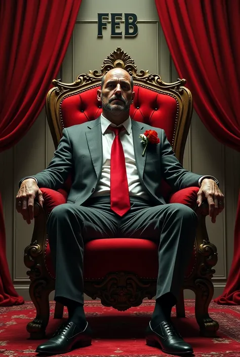  A mobster in a gray suit and a red tie and a scar on the left side of his face sitting on a royal throne a Panama chapel hanging from the end of the throne red curtains with the name FEB. Zombie s on the floor 