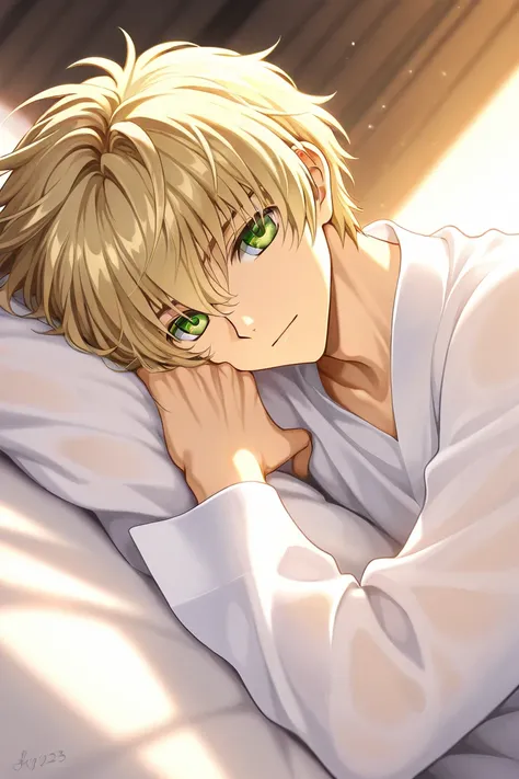 Tall 23 year-old one boy with dark blonde hair, light warm green eyes, kind and friendly, wearing white clothes. He is asleep. CLAMP Tsubasa Chronicles drawing style look alike fye. 