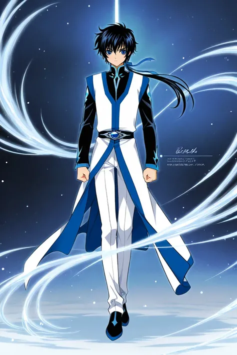 Tall 23 year-old one boy with Black hair, light cold blue eyes, bad tempered but blushing, wearing black clothes. The boy is serious. Full body. CLAMP Tsubasa Chronicles drawing style. 