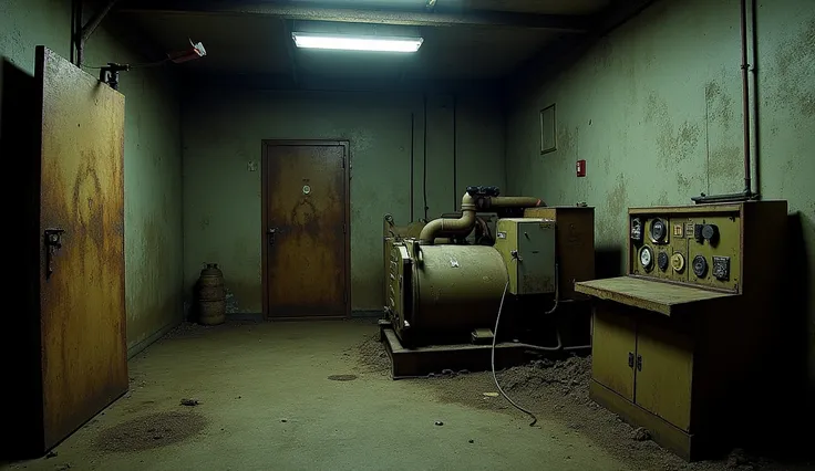 The generator room is located at the back of the gas station, a rusty and worn door guards access to the space. When opened, revealing a stuffy and dark environment, with the low and monotonous sound of the generator turned off. The floor is covered in dir...