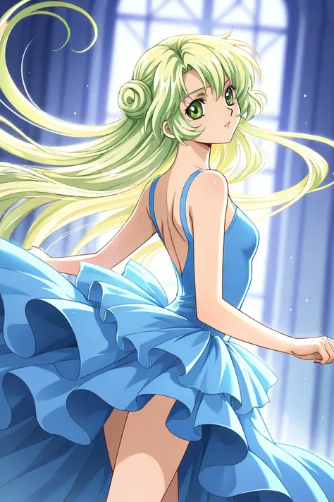 A girl that is a ballerina. She has long straight light blonde hair with shiny green eyes with blue dress. She is brave and smiling. Clamp Tsubasa chronicles art style. 