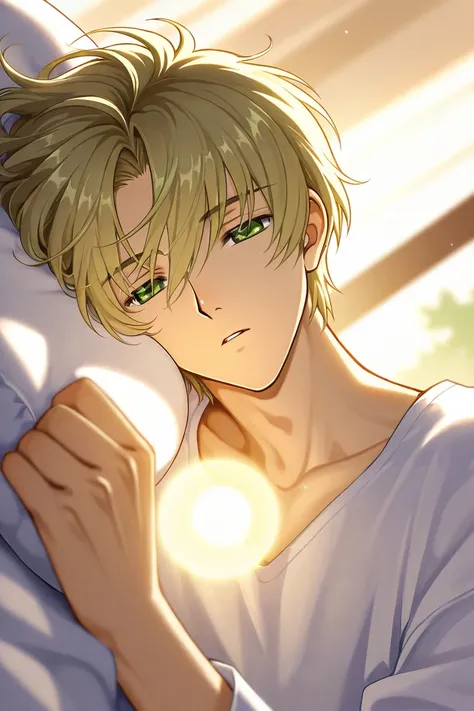 Tall 23 year-old one boy with dark blonde hair, light warm green eyes, kind and friendly, wearing white clothes. He is sleeping. CLAMP Tsubasa Chronicles drawing style look alike fye. 