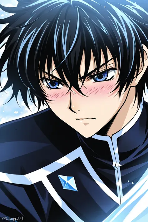 Tall 23 year-old one boy with Black hair, light cold blue eyes, bad tempered but blushing, wearing black clothes. The boy is serious. Close up. CLAMP Tsubasa Chronicles drawing style. 