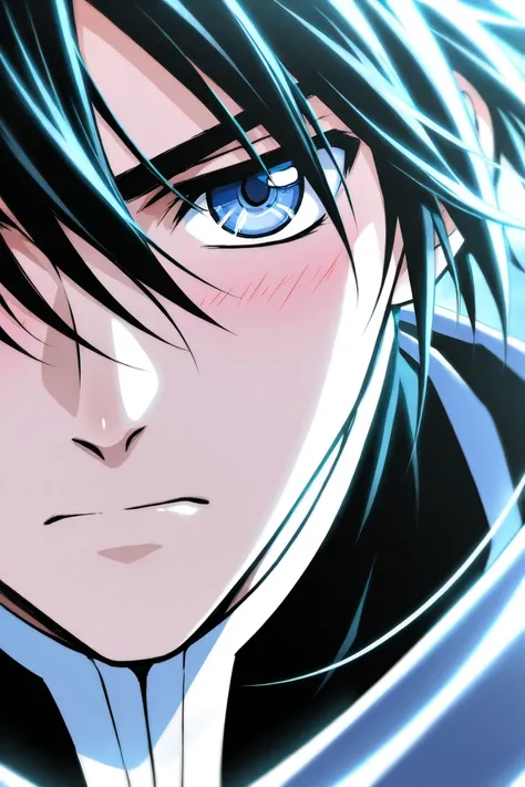 Tall 23 year-old one boy with Black hair, light cold blue eyes, bad tempered but blushing, wearing black clothes. The boy is serious. Close up. CLAMP Tsubasa Chronicles drawing style. 