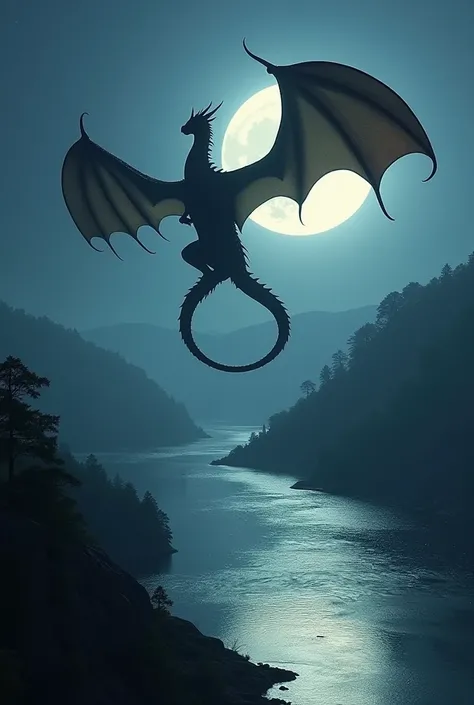 ((photo prise depuis l&#39;Back of the dragon : 1.5)), arafé , An image of&#39; a dragon flying above &#39;A river at night late illuminated by the moon,  its shadow is projected onto the water,  the dragons wings spread ,  dynamic color dragon ,  you see ...