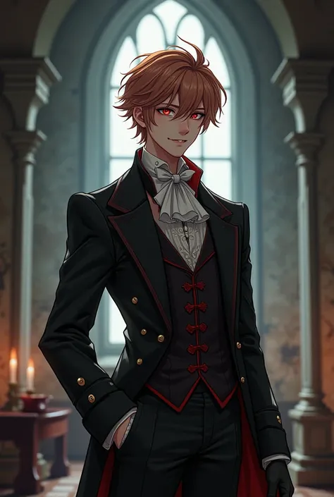  male anime character, red eyes, light copper hair , high,  in a semi-abandoned church ,  smiling,  pointed teeth like vampire ,  wearing Victorian-era costume