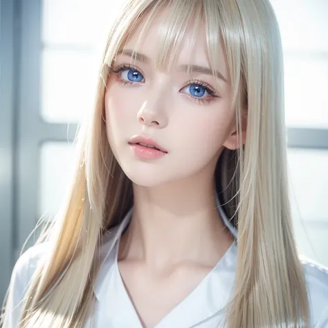  Unmatched Beauty , Shiny, firm and shiny skin , 目の間のbangs,  glossy straight beautiful platinum blonde ,  Super Long Straight Silky Hair,  eyeliner,  sexy beautiful innocent , large, very bright, white, light blue eyes with high resolution,  beautiful and ...