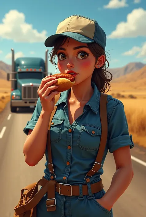 An argentinian lady trucker eating a chori pan