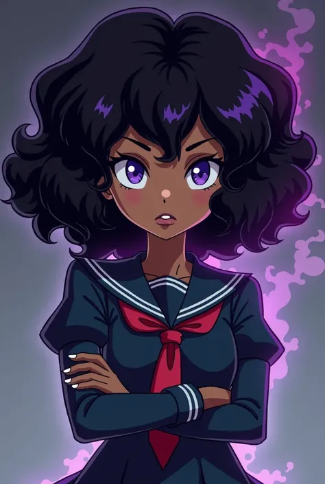  Create a black-skinned woman ,  eyes half drawn with the right of the color purple and the left blue,  curly black hair with purple highlights ,  wearing a Japanese schoolgirl outfit ,  a serious expression as she crosses her arms . by your side,  a ghost...