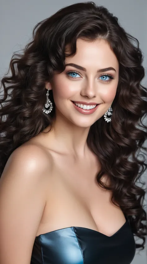 ultrarealistic high quality detailed photo in the style of professional magazine photography of a young busty women with a model appearance, 25 years old, dark brunette hair, full lips, light blue eyes, very long curly hair, happy smile and a calm expressi...