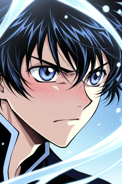 Tall 23 year-old one boy with Black hair, light cold blue eyes, bad tempered but blushing, wearing black clothes. The boy is serious. Medium Close up. CLAMP Tsubasa Chronicles drawing style. 