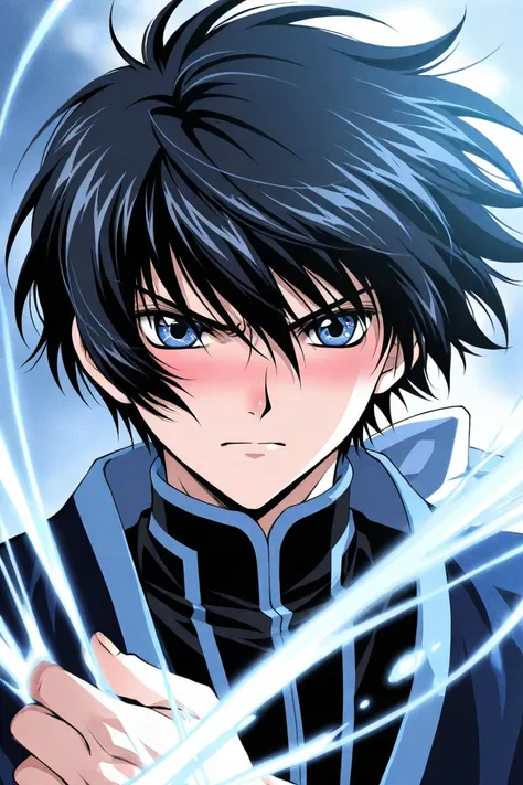 Tall 23 year-old one boy with Black hair, light cold blue eyes, bad tempered but blushing, wearing black clothes. The boy is serious. Medium Close up. CLAMP Tsubasa Chronicles drawing style. 