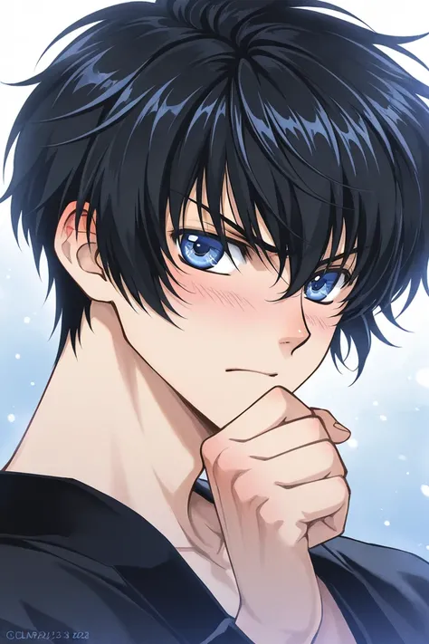 Tall 23 year-old one boy with Black hair, light cold blue eyes, bad tempered but blushing, wearing black clothes. The boy is serious. Medium Close up. CLAMP Tsubasa Chronicles drawing style. 