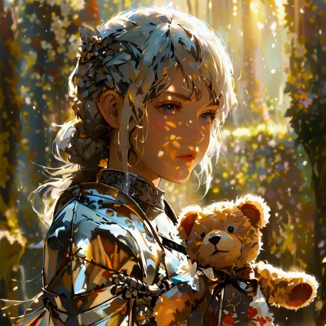 Medieval Western female swordsmen and teddy bears are warm。
 wearing a sparkling 。