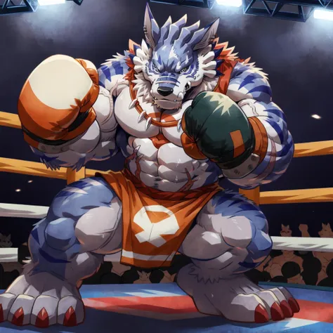 ultra quality:1.4, 4k, high resolution, best quality, color, smooth comics style, takemoto_arashi style, wfa style, solo, weregarurumon:1.0, muscles:1, heavyweight, massive build, vascular veins, anime martial arts, sweat:1.2, strong:1, masculine, (in a bo...