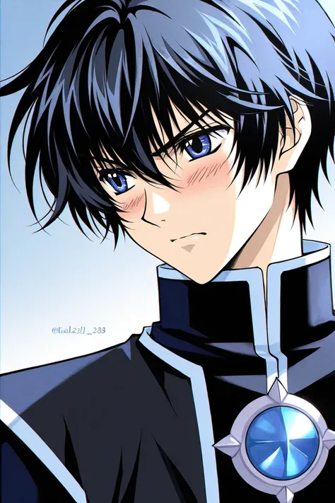 Tall 23 year-old one boy with Black hair, light cold blue eyes, bad tempered but embarrassed, wearing black clothes. The boy is serious. Medium Close up. CLAMP Tsubasa Chronicles drawing style. 