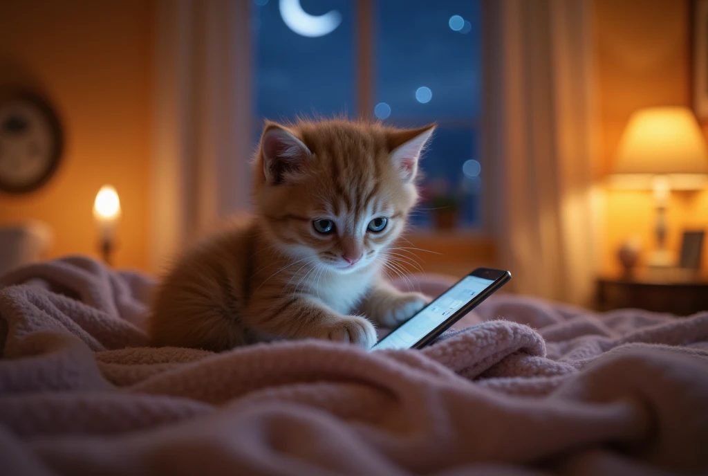  kitten doing research on a smartphone。 on a cute bed 。Crescent moon and stars from the window 。Candle。lamp。