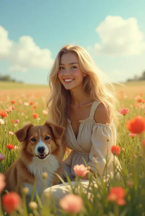  Image of a very pretty blonde woman, in a field full of flowers ,  playing with a cute little dog .