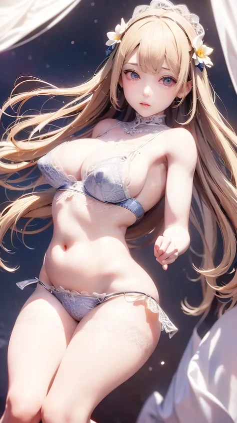 ( top quality,   masterpiece  ),  one girl, stop temporarily, particle, Wind, flower,  upper body,  simple background,  viewers,  blonde alone, milky way,smile、 long hair、milky way、（ see-through、lace lolita blouse）、

 cute panties、Cute Bra、 detailed underw...