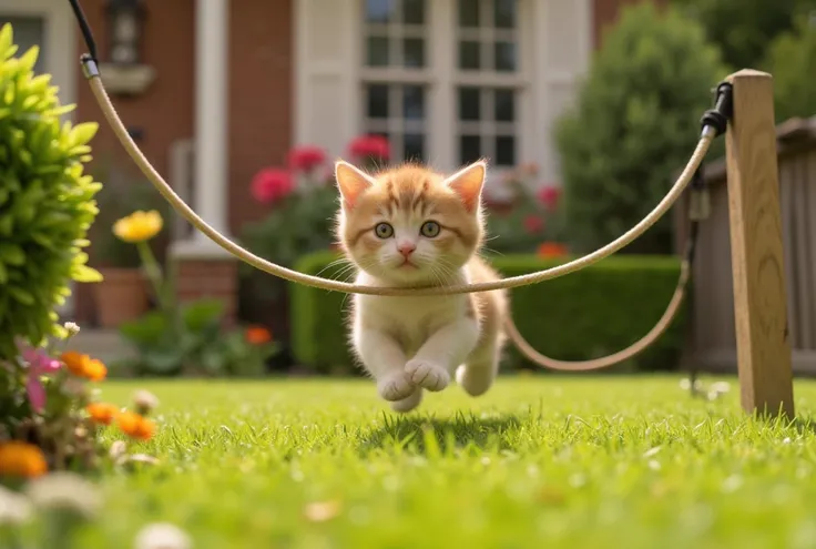 A kitten is jumping rope in the cute garden in front of the house。lawn。post。Houseplants。