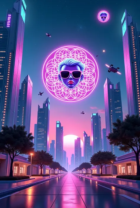 Create a highly futuristic and dynamic logo for the TikTok channel EVZeroBALA. The background should depict a futuristic city with ultra-modern, sleek, tall skyscrapers made of glass and metallic surfaces. Neon lights, holographic displays, and energy line...