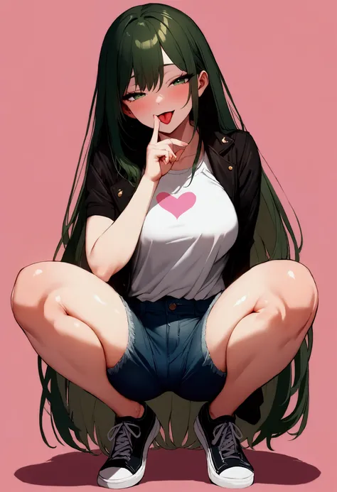 (masterpiece),(absurdres),(ultra detailed),(beautiful detailed),(solo lady),(20-year-old),(shiny dark green hair),(dark green eyes),(straight long hair),(()),(middle breast:0.8),(()),casual jacket,Tshirt,denim pants,open legs,(squat pose:1.1),(immoral conc...