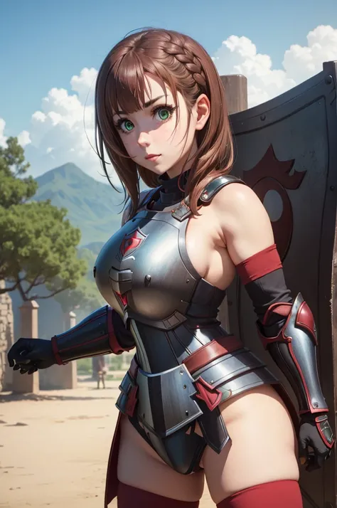 masterpiece, detailed eyes, busty, large breasts, dark brown hair, green eyes, natsuaika, thighhighs, bare shoulders, boots, brown gloves, elbow gloves, armor, red thighhighs, steel armor, holding large shield, tower shield, metal armour, tavern background