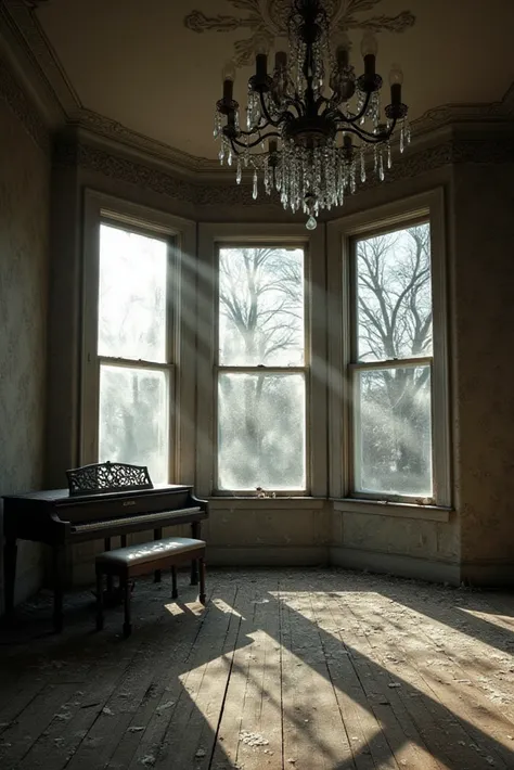 The photo captures a hauntingly beautiful scene of an abandoned Victorian ballroom, frozen in time, as if its last waltz had just ended moments ago. The composition is masterful, with a grand chandelier hanging precariously from the ceiling, its crystals g...