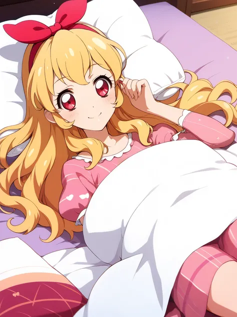 (RED Ribbon on HAIRband:1.2),a cute girls lying down on a blanket with big eyes and long hair, aoki reika, 1girl, Blonde hair, RED eyes, solo, shiny hair, long hair, smile, shiny, looking at viewer, pillow, lying, bangs, blush, hair ornament, closed mouth,...