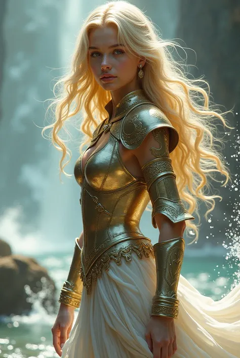 A blonde teenager with long golden ,  brown-eyed . sideways.  hair wearing gold and silver armor with details and draped skirt. Around the waves.