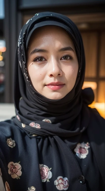 (masterpiece), (extreme close up), side view, best quality, (photorealistic:1.3), 1woman, graveline selfie wearing veil hijab, at night, front view, pretty face, realistic skin, (round face), black veil, black sweater, realistic skin texture, vivid lightin...