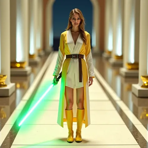  Use this image and create a woman with the same face and hair (( realistic ))  wears white and yellow Jedi robes . Wear yellow knee-high boots .  She wears a single-leaf lightsaber in green .  She is standing in the middle of a shiny ceramic path . Around...