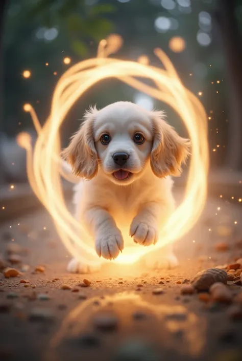 A white coker puppy with brown spots coming out of a sphere of light. 