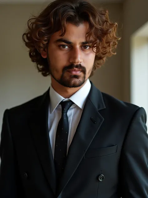 In a suit with curly hair 