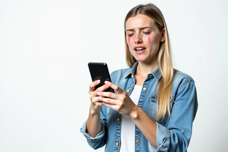 crying women showing her phone screen to the camera , studio light , bright day