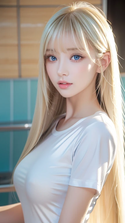  Unmatched Beauty , Shiny, firm and shiny skin , 目の間のbangs,  glossy straight beautiful platinum blonde ,  Super Long Straight Silky Hair,  eyeliner,  sexy beautiful innocent , large, very bright, white, light blue eyes with high resolution,  beautiful and ...