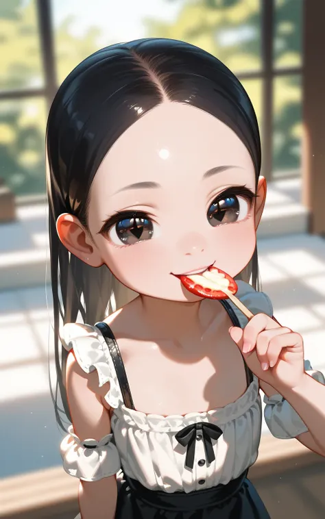 masterpiece,best quality,ultra-detailed,super detailed skin,perfect anatomy,detailed,beautiful detailed eyes,long hair,forehead,straight hair,black hair,black eyes,(loli:1.2),petite,flat chests,(naughty face:1.2),
feeding,blurry background